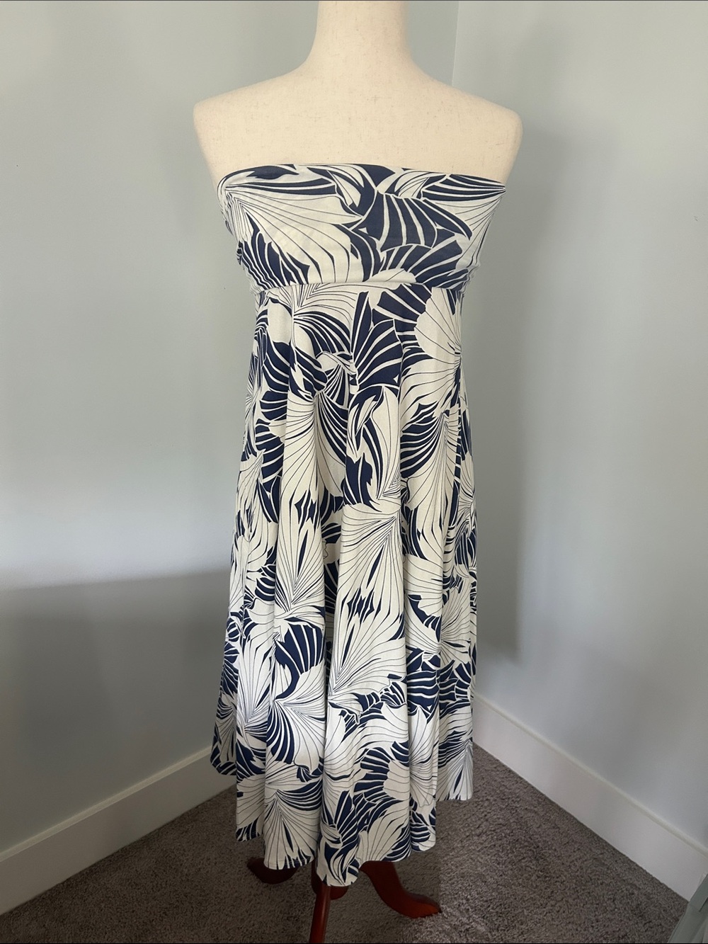 J. Crew Navy and White Strapless Midi Dress